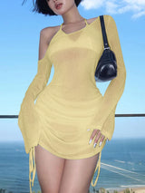 Dulzura Solid Skew Collar Ruched Straps Lace-Up See Through Draw String Mini Dress 2023 Summer  Women Party Clubwear Wholesale