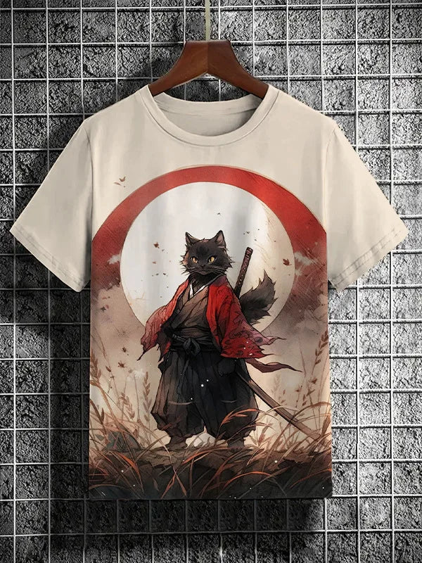 3D Printed Samurai Cat T-Shirt | Japanese Inspired Men's Tee