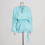 GALCAUR Solid Loose Splicd Lace Up Dresses For Women V Neck Long Sleeves Patchwork Ruffles Tunic Dreses Female Fashio New