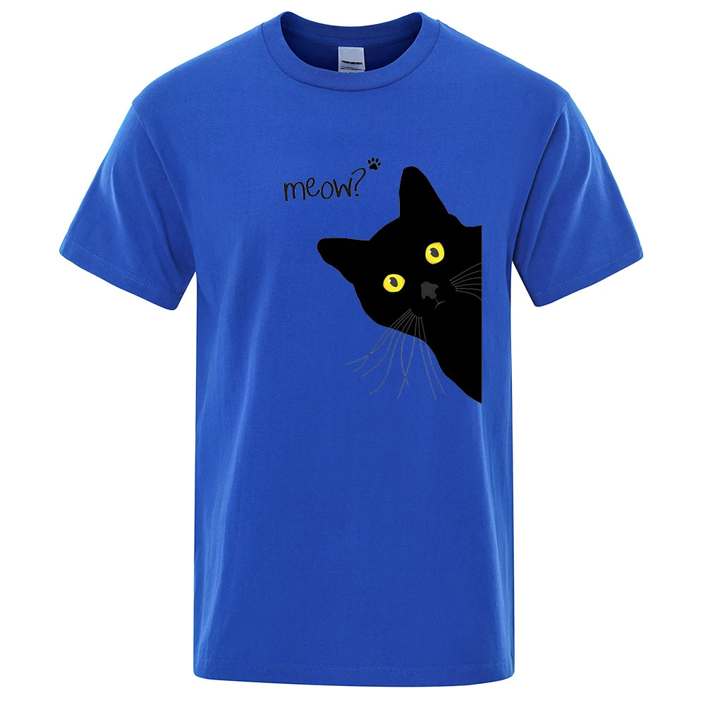 Black Cat Print T-Shirt - Funny Meow Design, Men's Loose Fit Summer Top