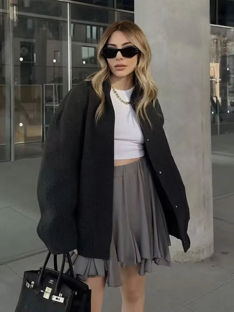 Women Fashion With Pockets Oversized Bomber Jacket Coat Vintage Long Sleeve Snap Button Female Outerwear Chic Tops 2
