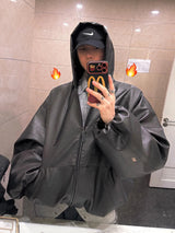Mauroicardi Spring Autumn Short Oversized Black Soft Pu Leather Jacket Men with Hood Zipper Loose Casual Korean Fashion Clothes 3
