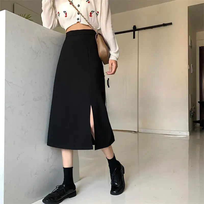 Black Skirts Women Mid-calf College A-line High Waist Korean Style All-match Friends Streetwear Chic Female Bottom Юбка Женская 7