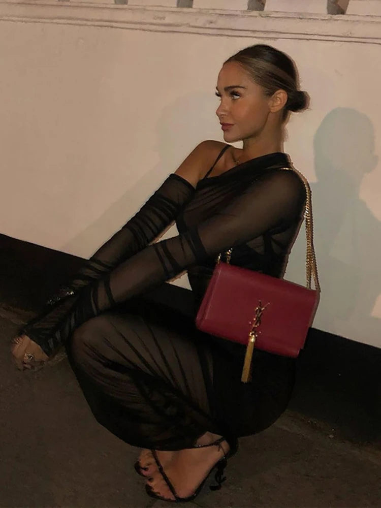 Articat Mesh See Through Women Dress Sexy 3 Piece Set Elegant Fashion Female Clothing Casual Slim Camisole Black Bodycon Skirts 4