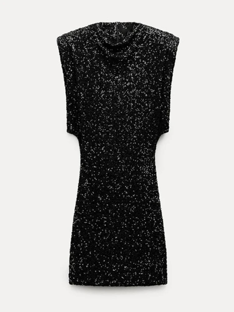 2025 New Fashion Sequin Mini Dress for Women Elegant O-Neck Fly Sleeve Shiny Short Dress 6