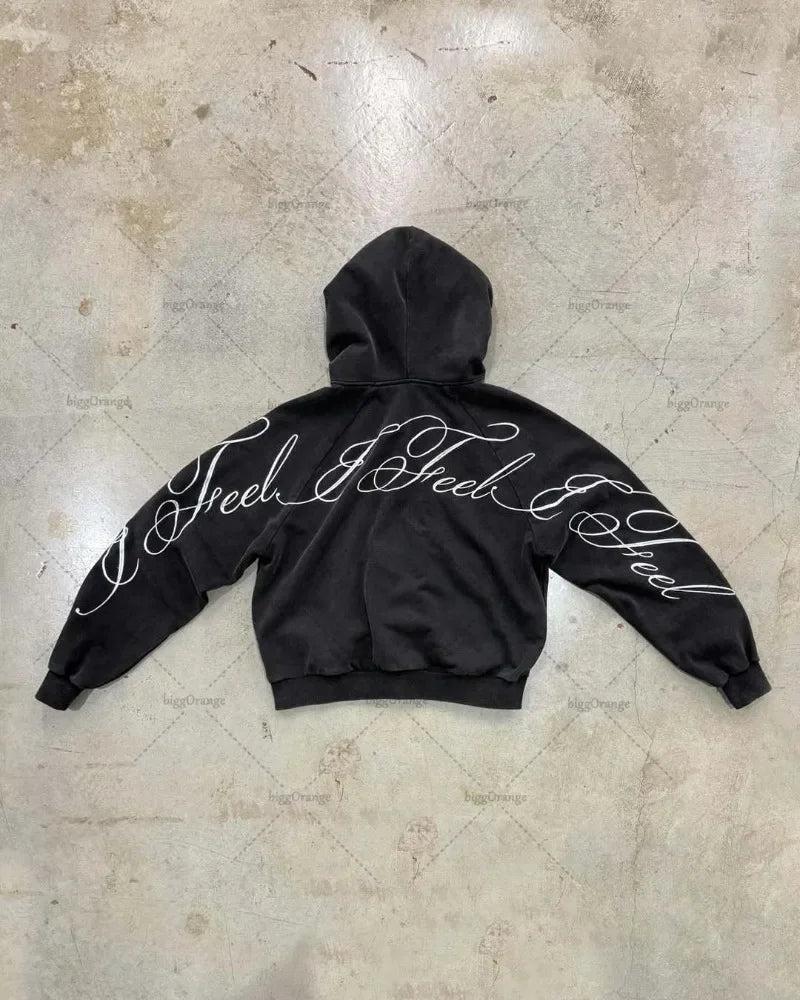 Y2K harajuku Gothic Letter Print Retro Fashion Men And Women Hoodie Hip-Hop Punk Style Black Oversized Zipper Sweatshirts 2