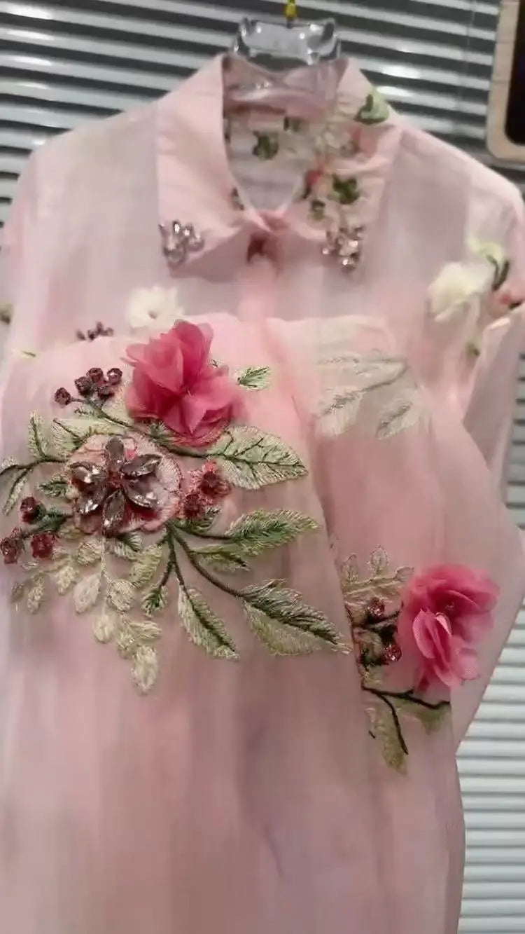 New In 2025 Summer Diamonds Flowers Embroidery Shirts Blouses For Women Long Sleeve Thin Sunscreen  Loose Casual Top Cardigan 4