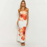 Women 2025 New Flower Printed Tubeless Dress Casual Vacation Off Shoulder Slim Beach Floor Length Long Dress 3