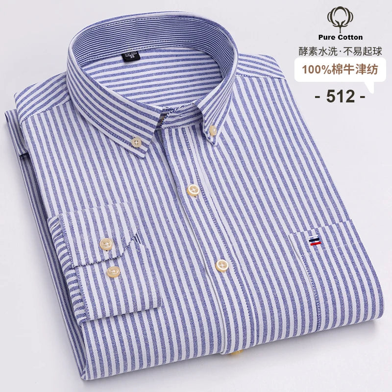 100-Cotton-Oxford-Men-s-Shirts-Long-Sleeves-Plaid-Soft-Regular-Fit-Formal-Dress-Shirt-Pocket