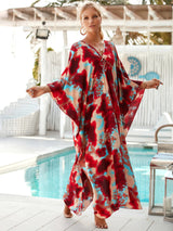 Loose Floral Pleated Kaftan Dresses for Women Wave Neck Swimsuit Cover Up Caftan