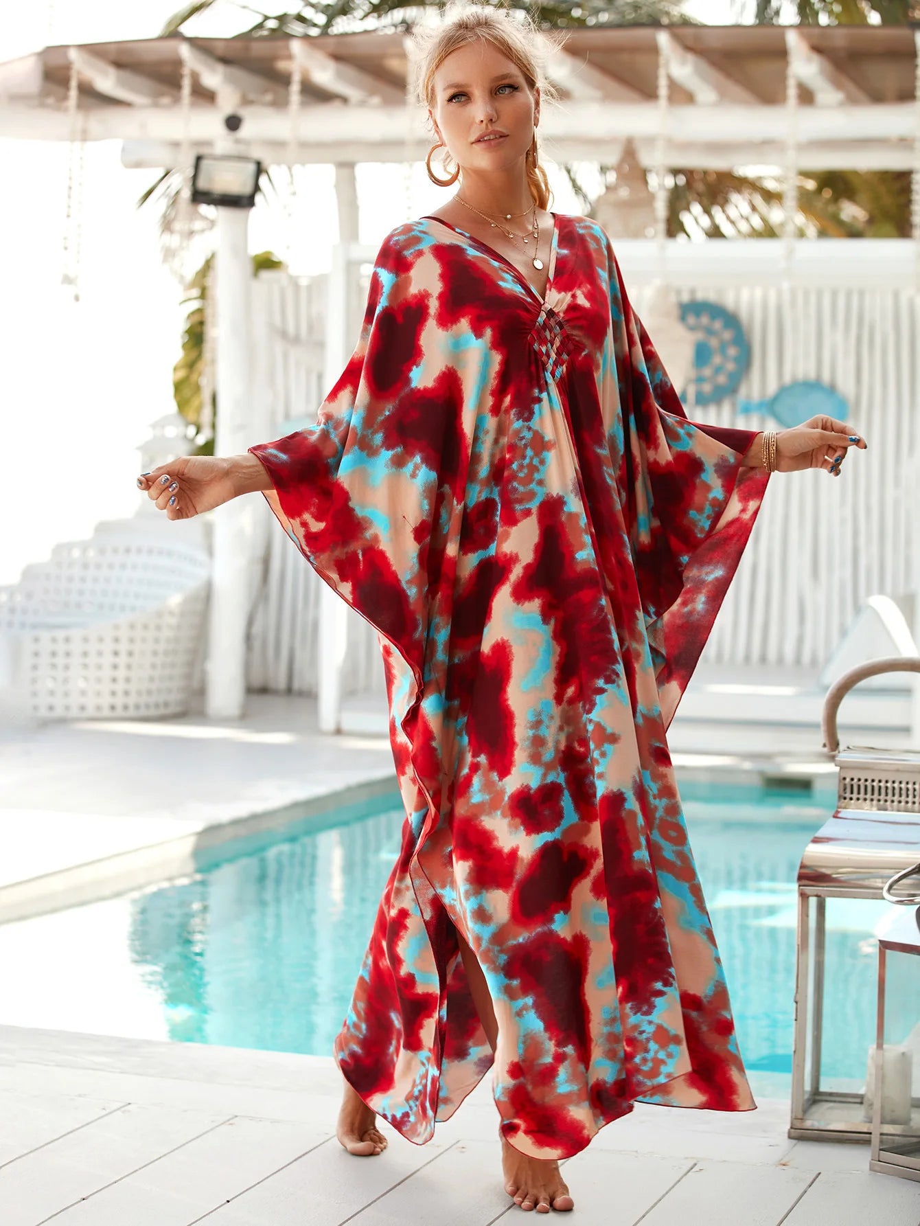 Loose Floral Pleated Kaftan Dresses for Women Wave Neck Swimsuit Cover Up Caftan