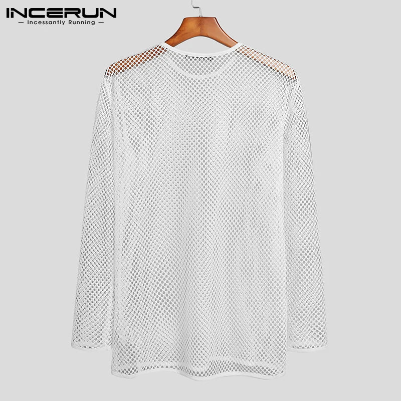 Men T Shirt Mesh Transparent O-neck Long Sleeve T-shirts Sexy Streetwear Fashion Party Nightclub 5