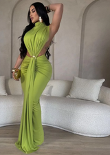 Women O-Neck High Split Ruched Stacked Bodycon Midi/Maxi Dress - Elegant Evening Party Dress