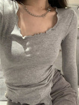 Long Sleeve T-shirts Women Fungus Line Irregular Hem Knitted Slender Autumn Bottoming Tees Chic Fashion Sexy Solid Ulzzang New 3