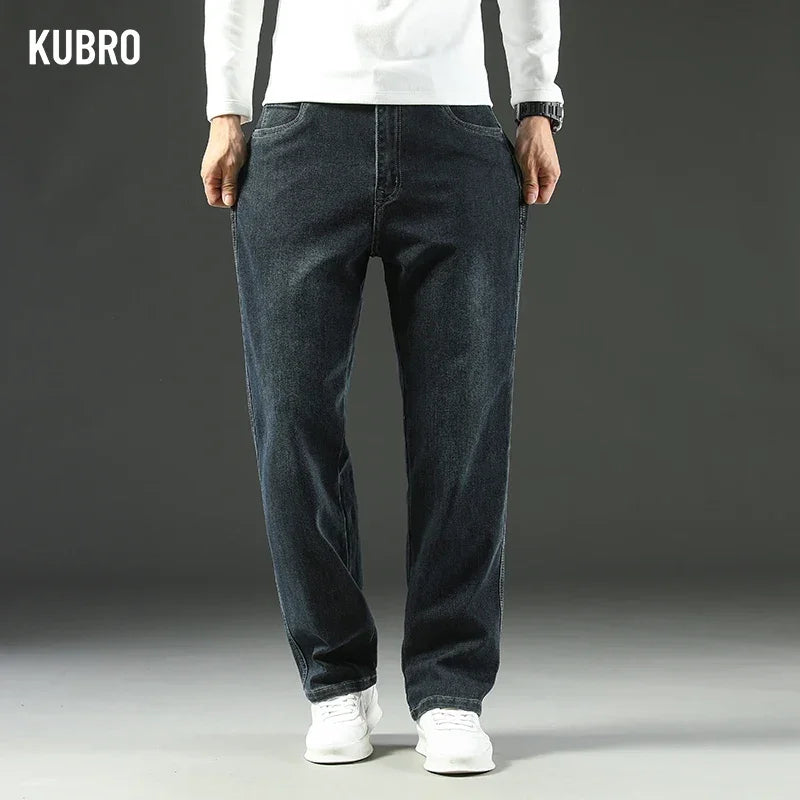 KUBRO 2025 New Autumn and Winter Men's Jeans Loose Comfortable Straight Business Casual Versatile Wide-leg Business Trousers 5