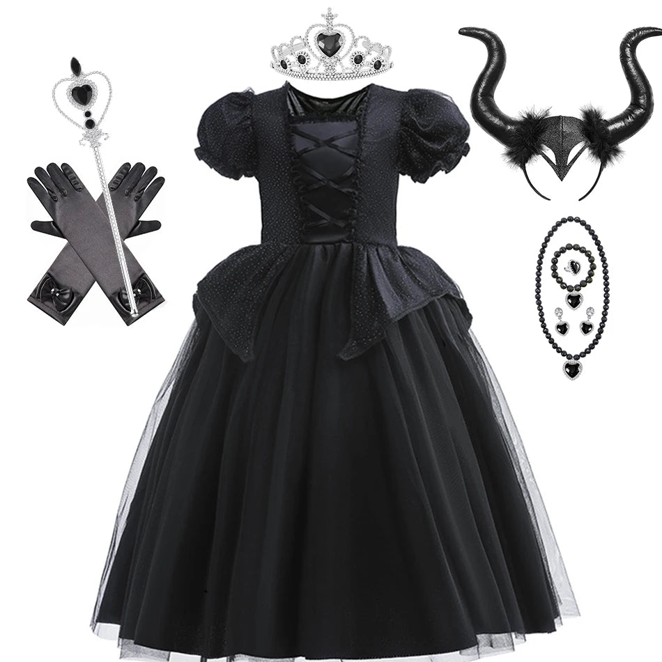 Girls' Dark Forest Queen Cosplay Dress with Wings