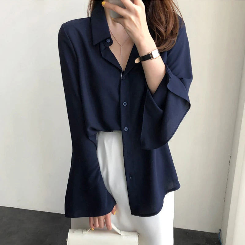 Women Chiffon Blouse Fashion Solid Long Flare Sleeve OL Office Lady Work Top Shirts V-neck White Shirt Elegant Female Clothes 4
