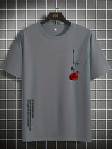 Men's Summer Loose Size 100% Cotton Rose Print Casual Slim Fit Round Neck Short Sleeve T-shirt Top 2