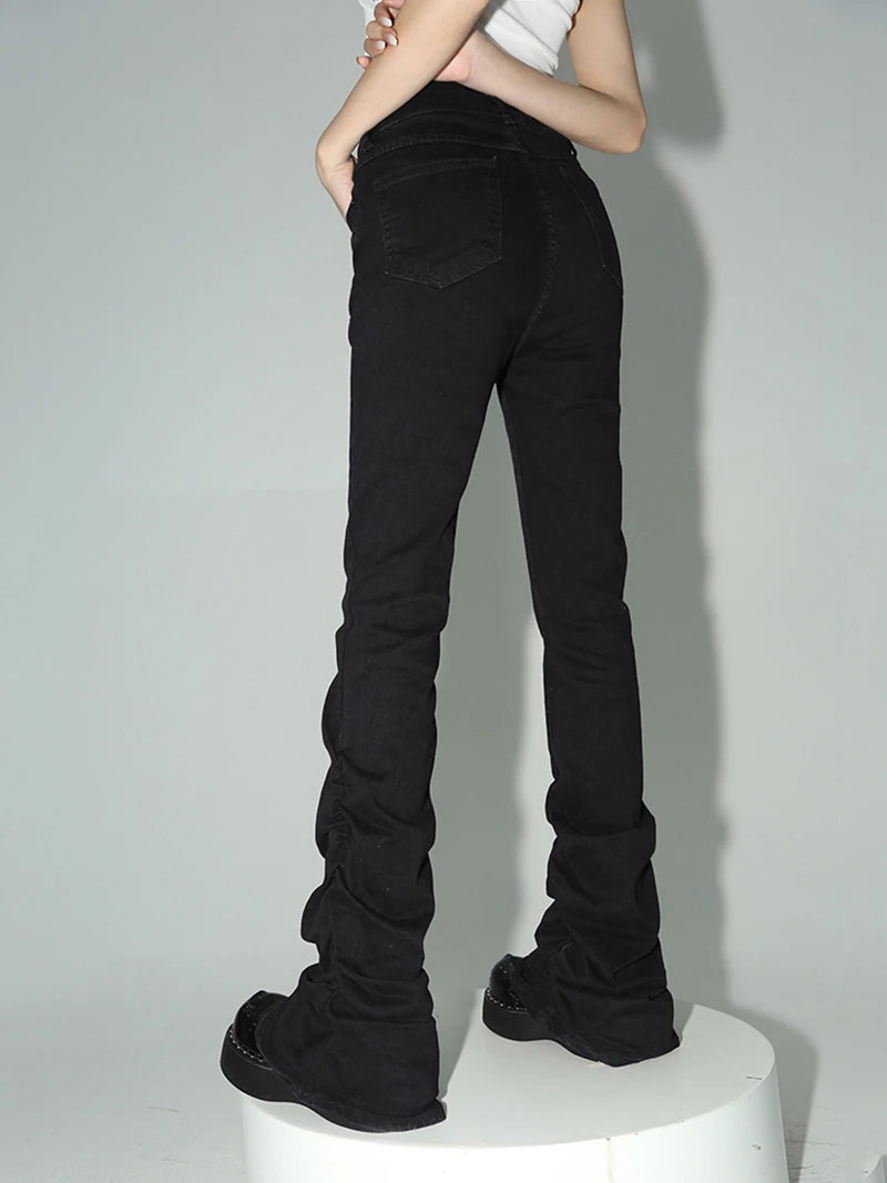 REDDACHiC Black Ruched Flare Jeans Women Solid Stretch Bootcut Stacked Pants High Rise Trousers Harajuku Goth Grunge Y2k Clothes 6