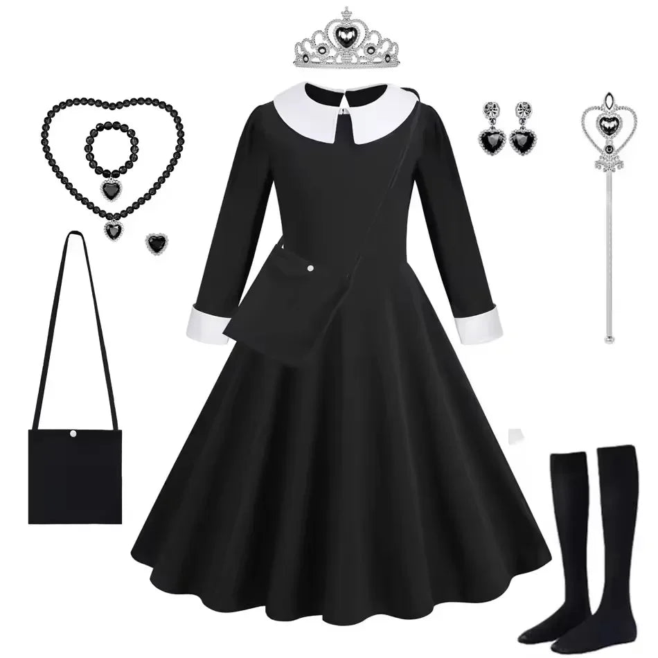 Gothic Black Dress Halloween Costume for Girls 2025 Party Ball Gown Children Cosplay Adams Family Vestido 3