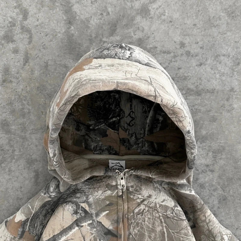 Y2K Retro zip up Hoodie Men Camouflage Pattern zipper Sweatshirt High Street Hip Hop Streetwear Oversized Unisex Camo Hoodie 3