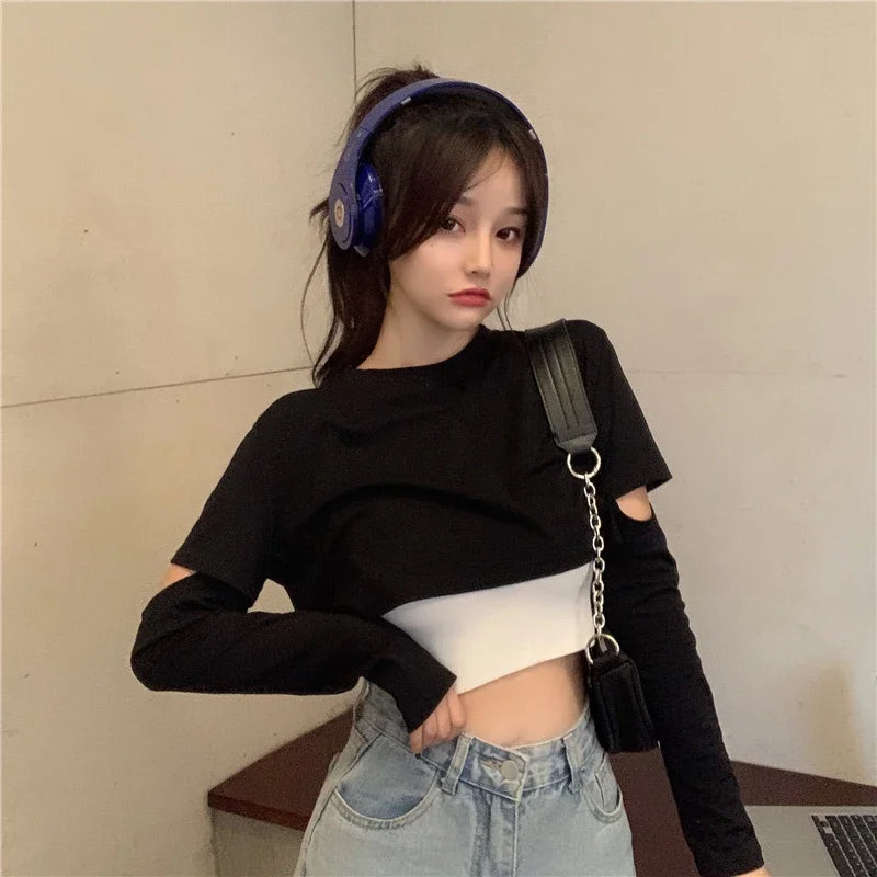 Long Sleeve T-shirts Women Patchwork Loose Crop Tops Hot Girls Casual Simple All-match Spring Ladies Chic Tees Camis Sets 2pecs 2