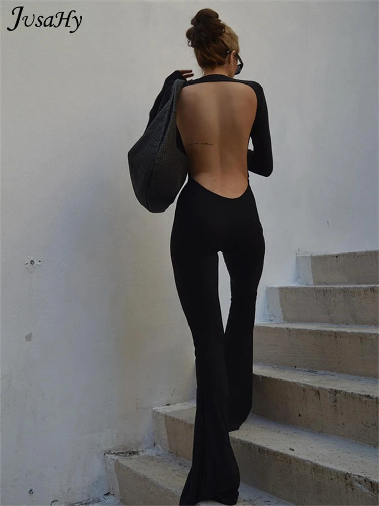 JuSaHy Summer Y2K Solid Black Basic Bodysuit for Women Fashion Long Sleeves Halter Backless Flare Pants Simple Casual Streetwear 4