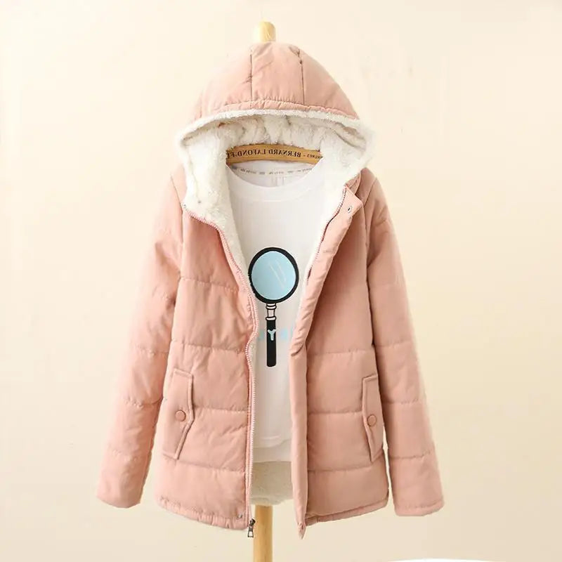Korean Style New Fashion Women's Velvet Thicken Casual Trendy Solid Color Hooded Parkas Female Simple Basic Pocket Clothes Coats 4