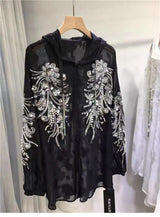 New In Sparkle Pearls Diamonds Embroidery Hooded Shirts Blouses For Women's Long Sleeve  Loose Casual Sunscreen Tops Blusas 5