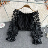 3D Floral Slash-Neck Women's Blouse