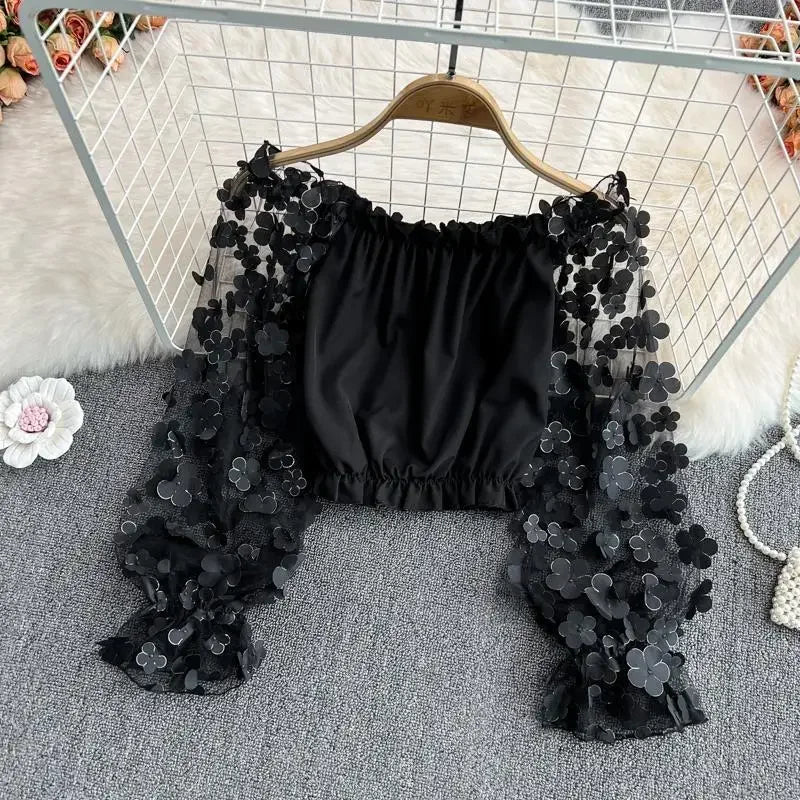 3D Floral Slash-Neck Women's Blouse