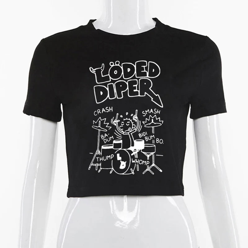 Harajuku Loded Diper Letter Print Crop Top Y2K Aesthetic Gothic Summer Baby Tee Vintage Short Sleeve Slim T-shirt Woman Clothing 3