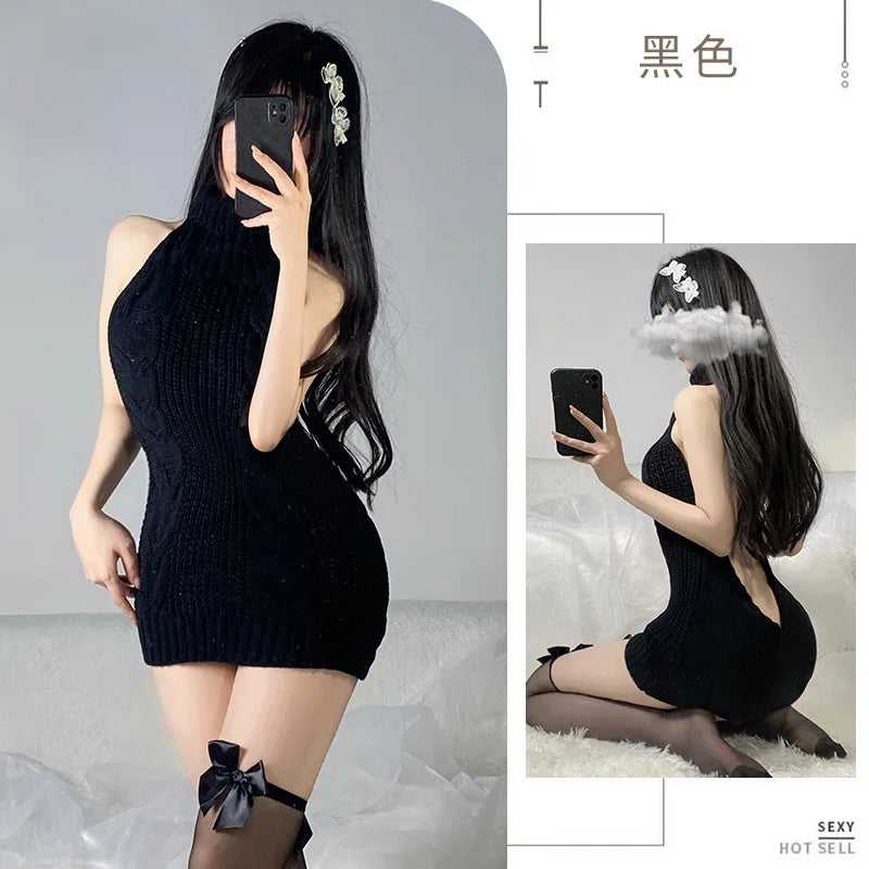 Lingerie Women's Sexy Hollow Out Mature Bvold Deep V High Neck Knitted Short Sweater Open Back Open Chest Temptation Dress T39G 9