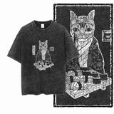 COOLMIND DB cat Printed Cotton Acid Washed Exclusive Graphic Unisex T Shirt Cool Streetwear Men Tshirts Big Size Tee for men