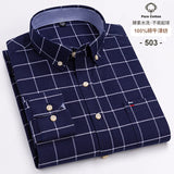 100-Cotton-Oxford-Men-s-Shirts-Long-Sleeves-Plaid-Soft-Regular-Fit-Formal-Dress-Shirt-Pocket