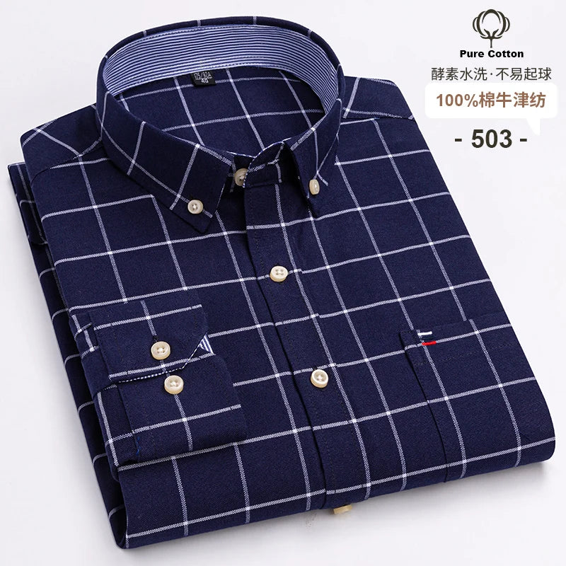 100-Cotton-Oxford-Men-s-Shirts-Long-Sleeves-Plaid-Soft-Regular-Fit-Formal-Dress-Shirt-Pocket