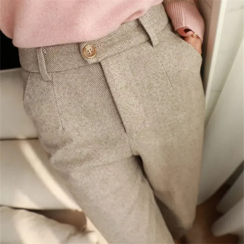Woolen Pants Women's Harem Pencil Pants 2023 Autumn Winter High Waisted Casual Suit Pants Office Lady Women Trousers 10