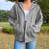 Autumn Fleece Hoodie Solid Color Hooded Korean Fashion Sweatshirts Long Sleeve Top Drawstring Pockets Loose Zipper Black Hoodies 3