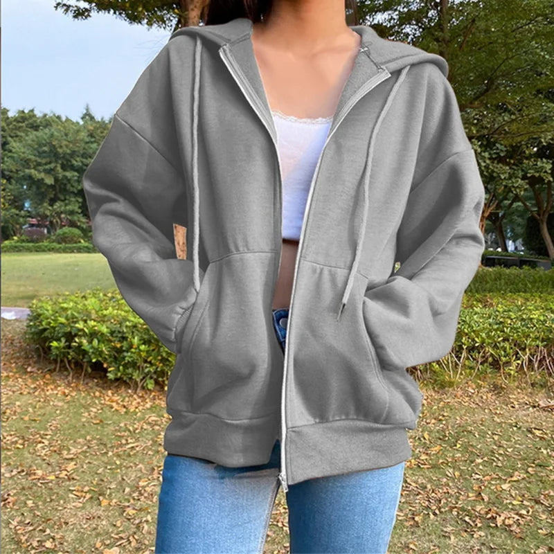 Autumn Fleece Hoodie Solid Color Hooded Korean Fashion Sweatshirts Long Sleeve Top Drawstring Pockets Loose Zipper Black Hoodies 3