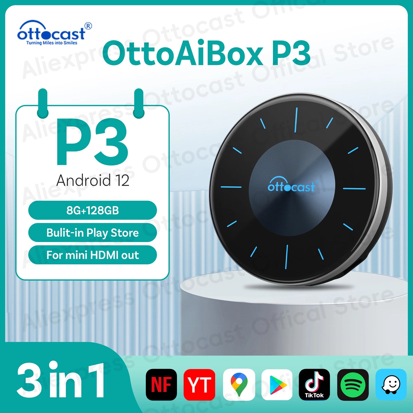 OTTOCAST P3 CarPlay AI Box – Wireless Android Auto & Smart TV