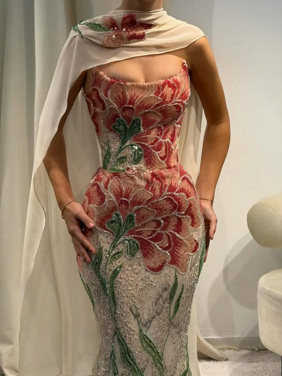 Embroidered Floral Sequin Mermaid Gown with Detachable Shawl