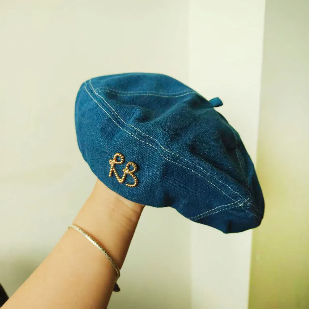Vintage Fashion Washed Denim Beret Hat for Women with Golden R B Letter Newsboy Hats Casual Octagonal French Artist Painter Cap