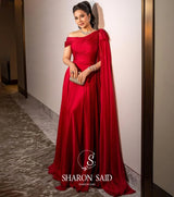 Sharon Said Red Off-Shoulder Satin Evening Gown with Bow Cape