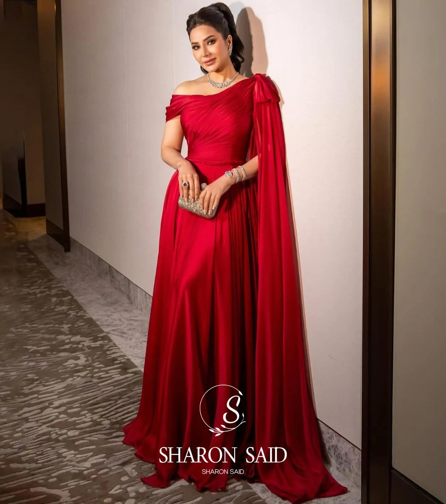 Sharon Said Red Off-Shoulder Satin Evening Gown with Bow Cape