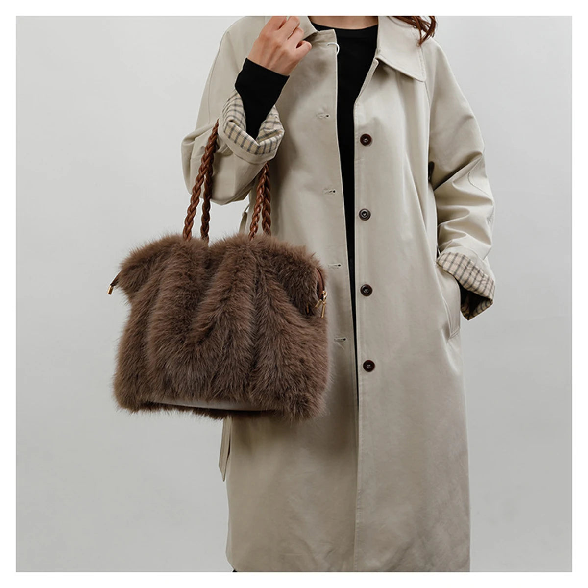Plush Pleated Faux Fur Large Tote – High-End Crossbody with Metal Chain