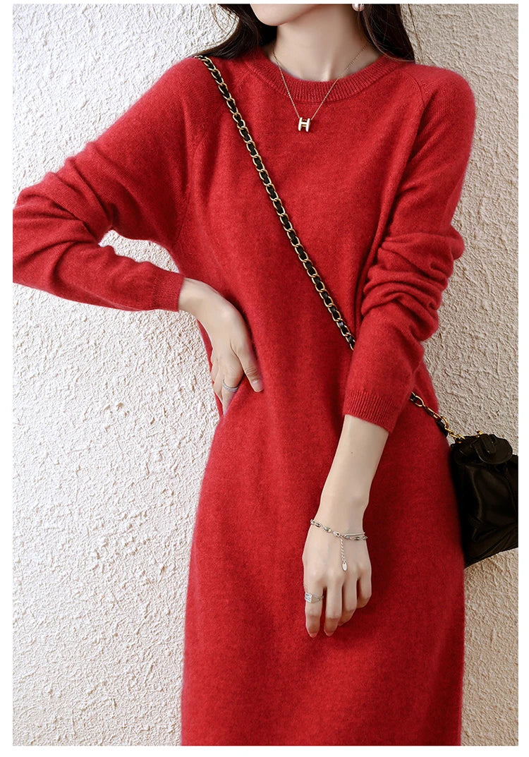 100% Merino Wool Long-Sleeve Midi Sweater Dress