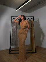 Mila Golden Glitter Formal Gown | Lace & Silk Evening Dress