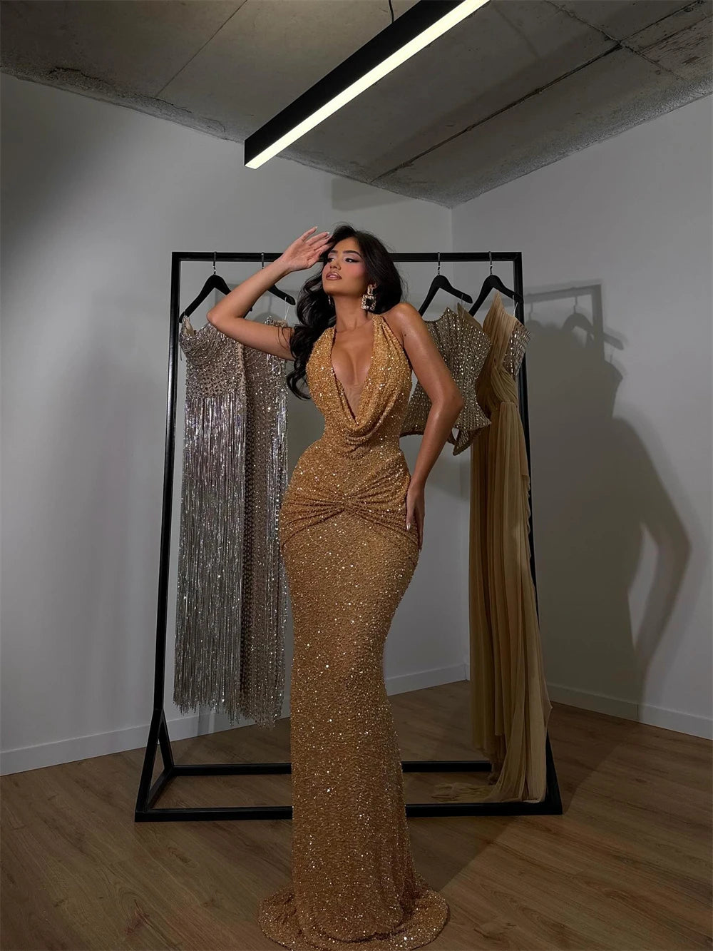 Mila Golden Glitter Formal Gown | Lace & Silk Evening Dress