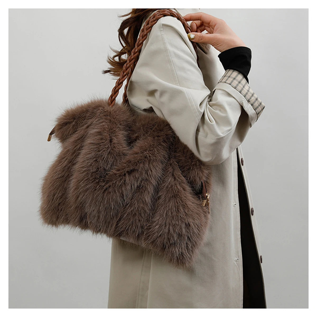 Plush Pleated Faux Fur Large Tote – High-End Crossbody with Metal Chain