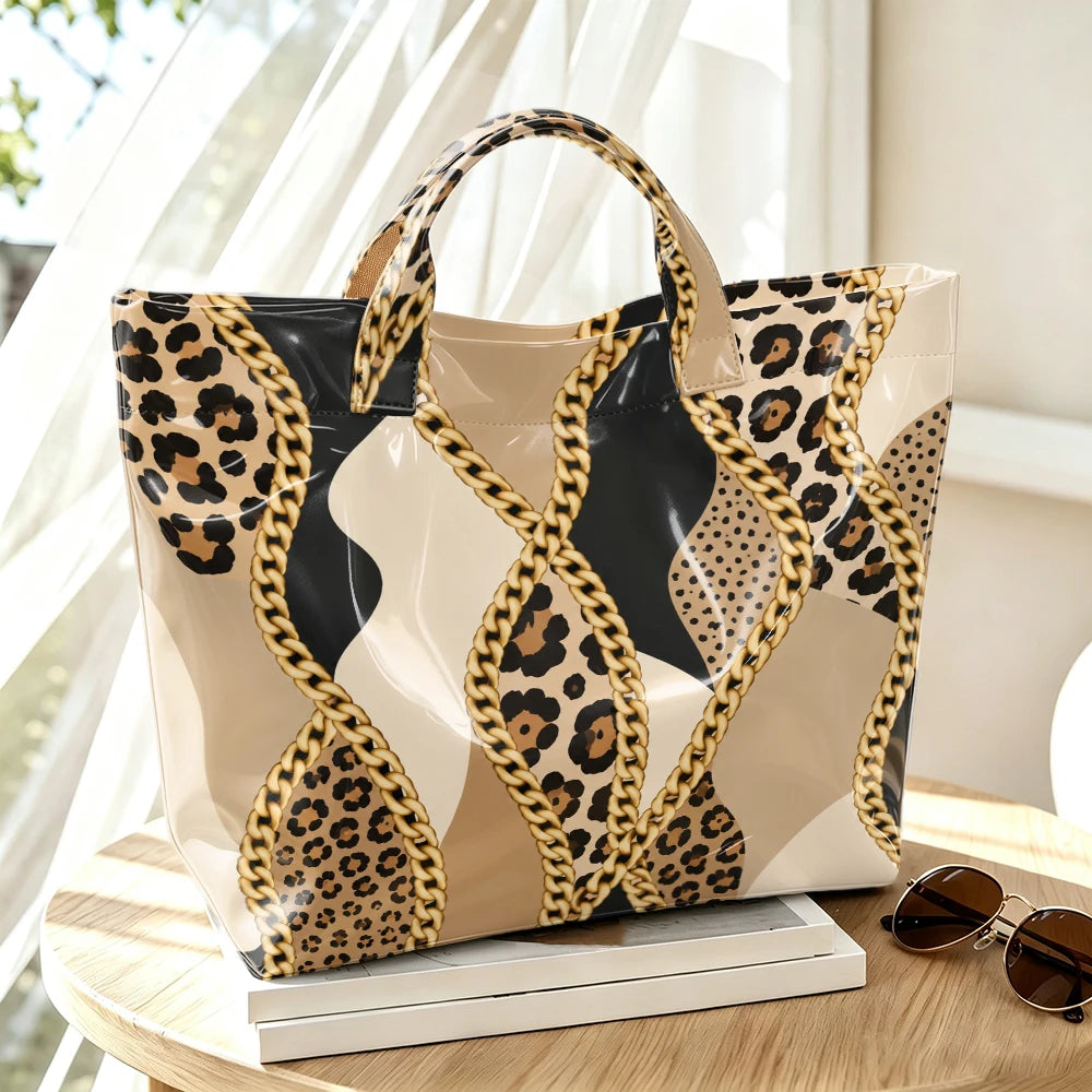 Leopard & Chain Print Glossy Tote Bag